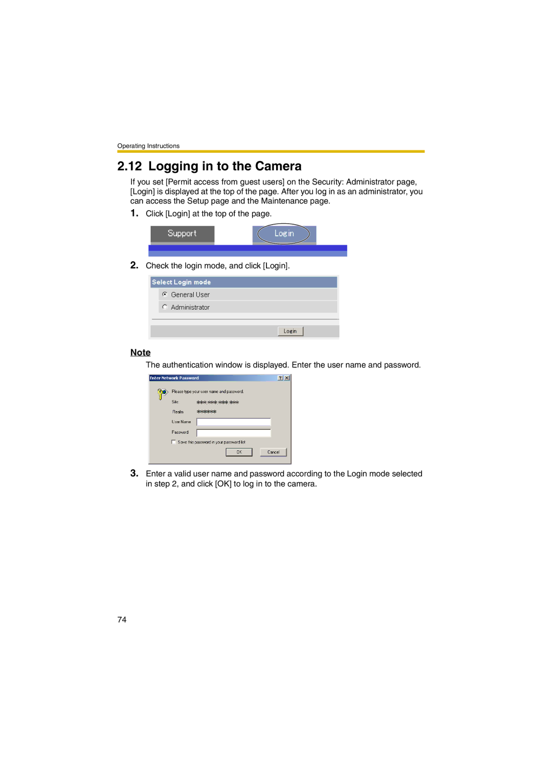 Panasonic KX-HCM280A operating instructions Logging in to the Camera 