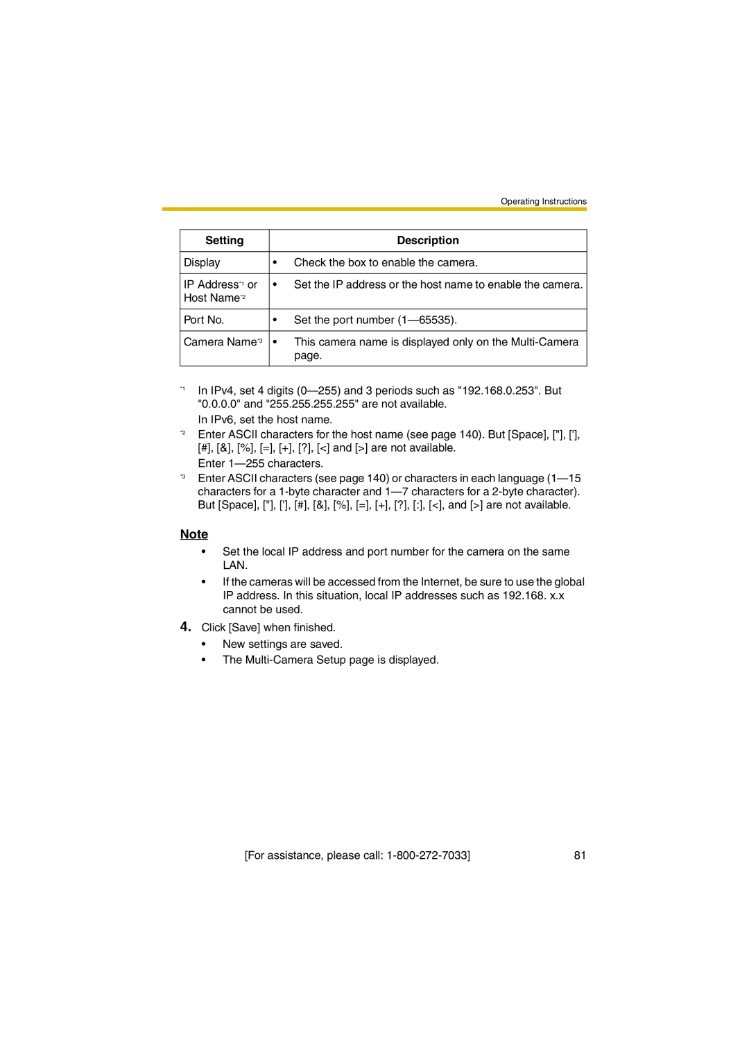 Panasonic KX-HCM280A operating instructions Setting Description 