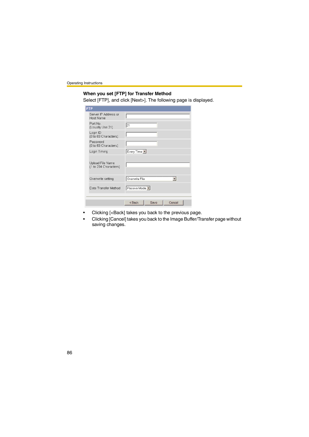 Panasonic KX-HCM280A operating instructions When you set FTP for Transfer Method 