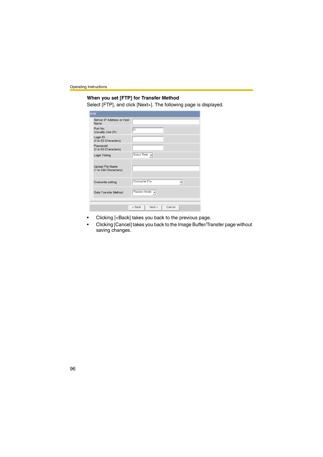 Panasonic KX-HCM280A operating instructions When you set FTP for Transfer Method 