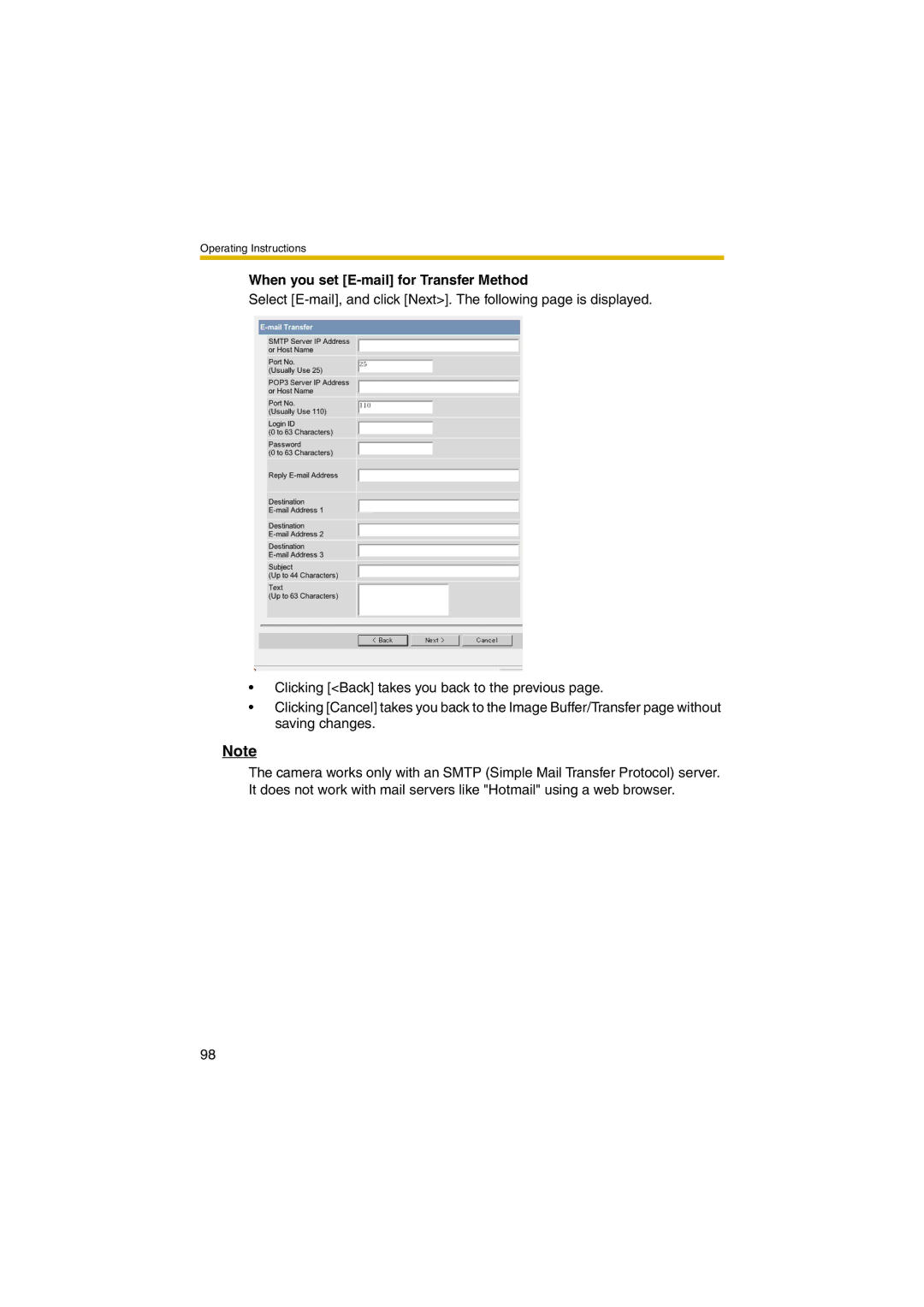 Panasonic KX-HCM280A operating instructions When you set E-mail for Transfer Method 