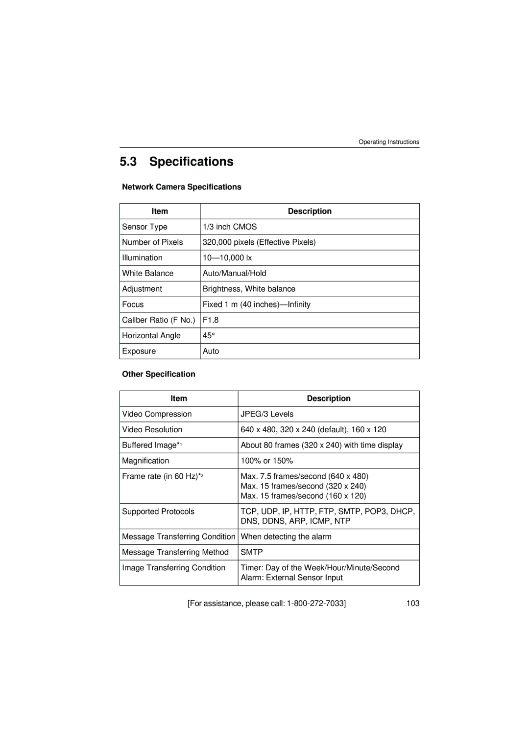 Panasonic KX-HCM8 operating instructions Network Camera Specifications Description, Other Specification Description 