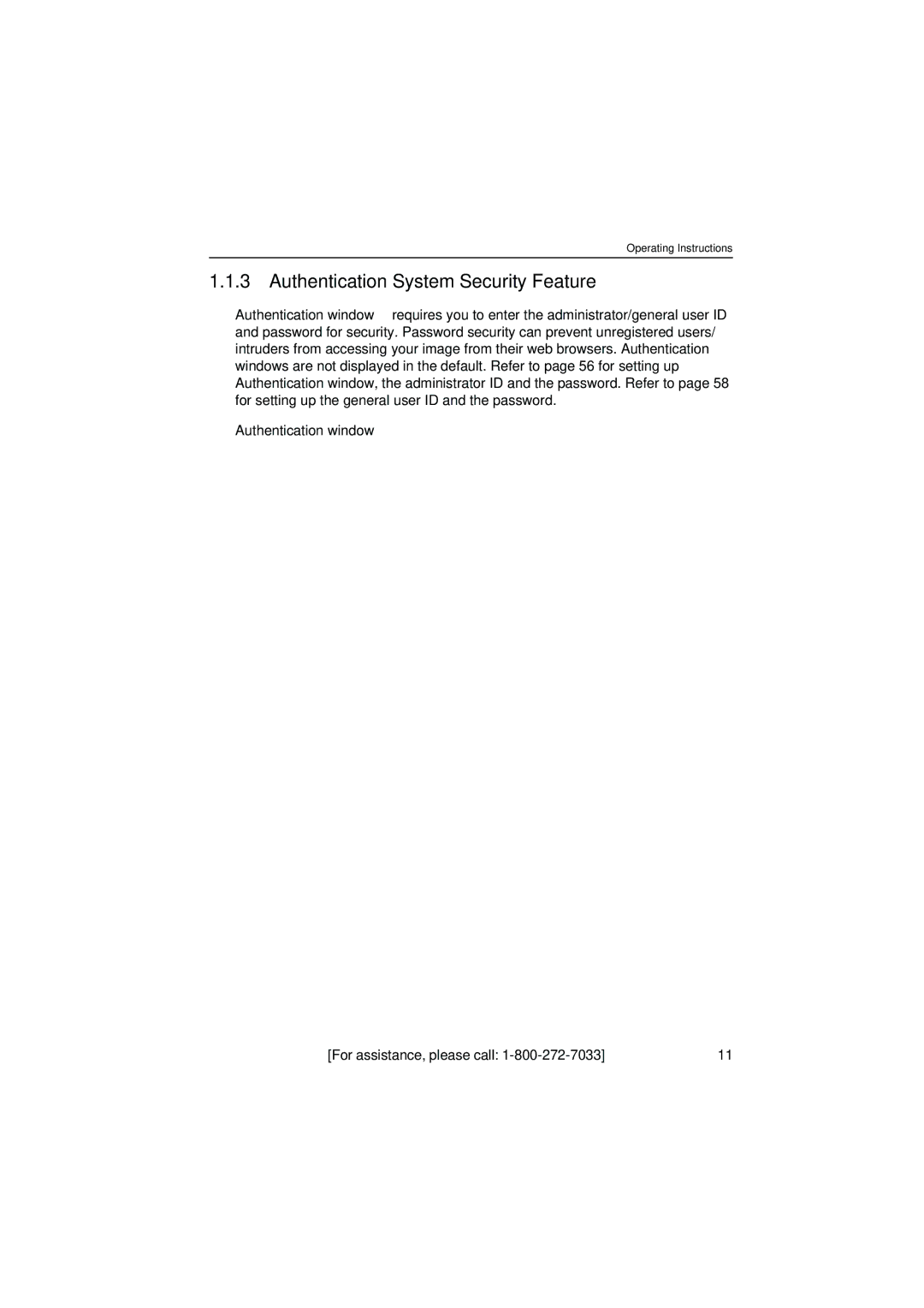 Panasonic KX-HCM8 operating instructions Authentication-System Security Feature, Authentication window 