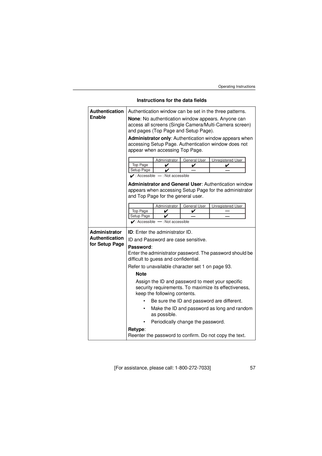 Panasonic KX-HCM8 operating instructions Enable, For Setup Password, Retype 