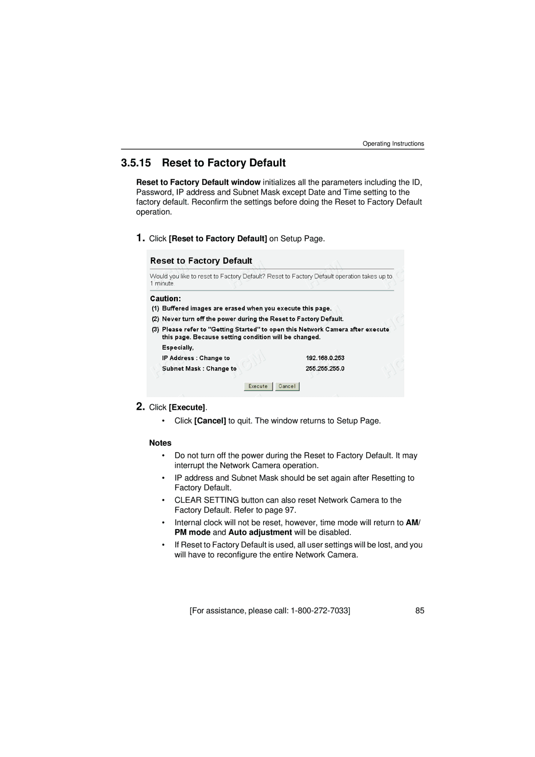 Panasonic KX-HCM8 operating instructions Click Reset to Factory Default on Setup Click Execute 