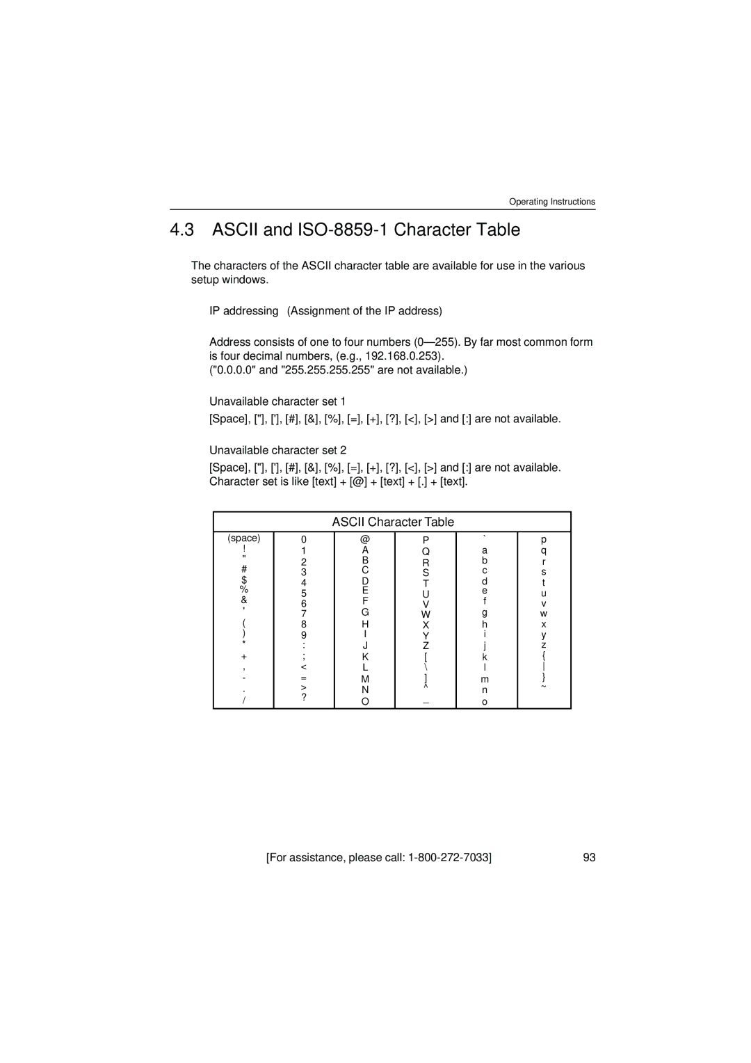 Panasonic KX-HCM8 operating instructions Ascii and ISO-8859-1 Character Table, Unavailable character set 