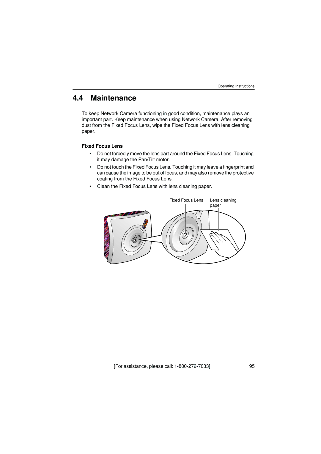 Panasonic KX-HCM8 operating instructions Maintenance, Fixed Focus Lens 