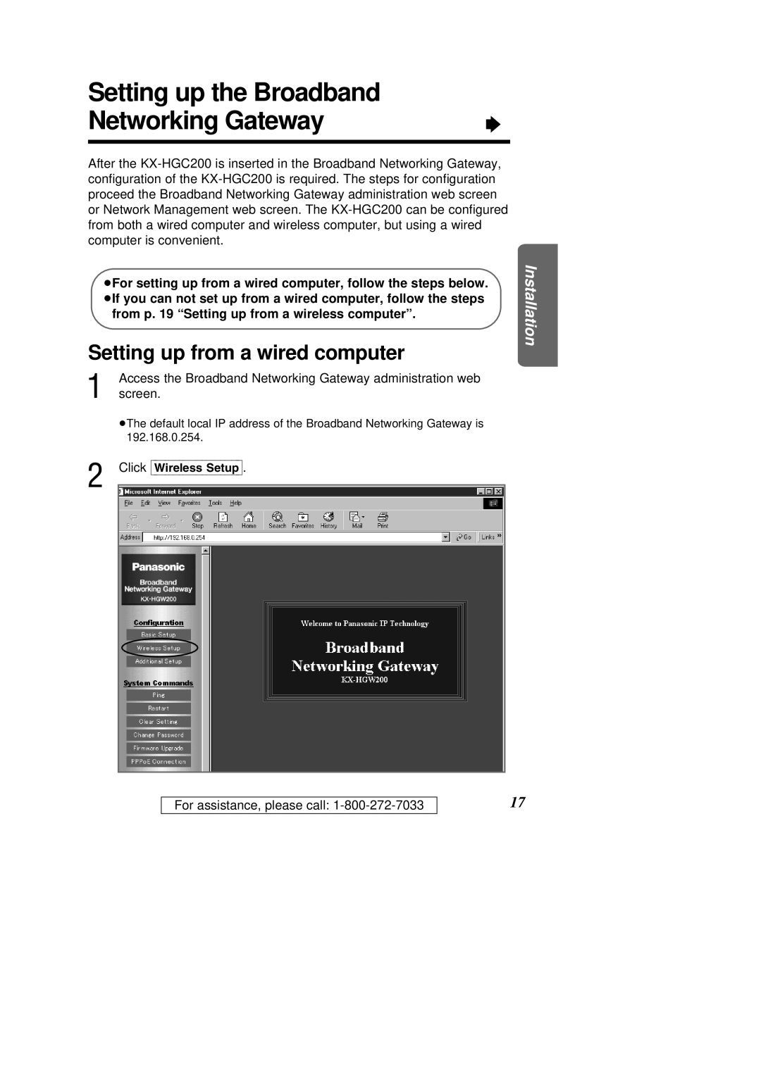 Panasonic KX-HGC200 operating instructions Setting up the Broadband Networking Gateway, Setting up from a wired computer 