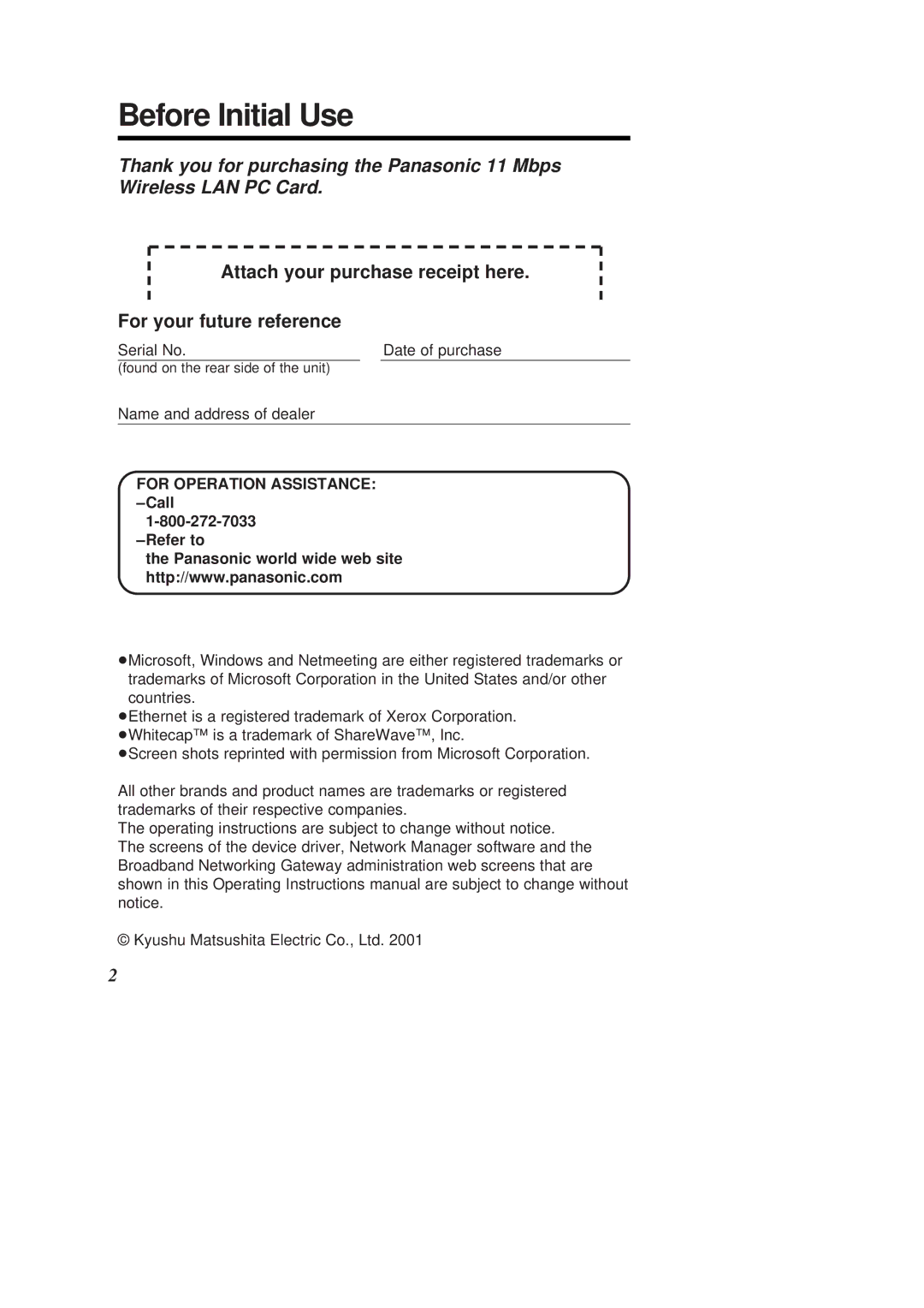 Panasonic KX-HGC200 operating instructions Before Initial Use, Attach your purchase receipt here For your future reference 