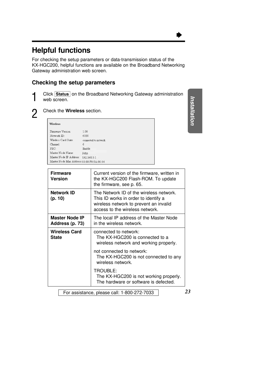 Panasonic KX-HGC200 operating instructions Helpful functions, Checking the setup parameters 