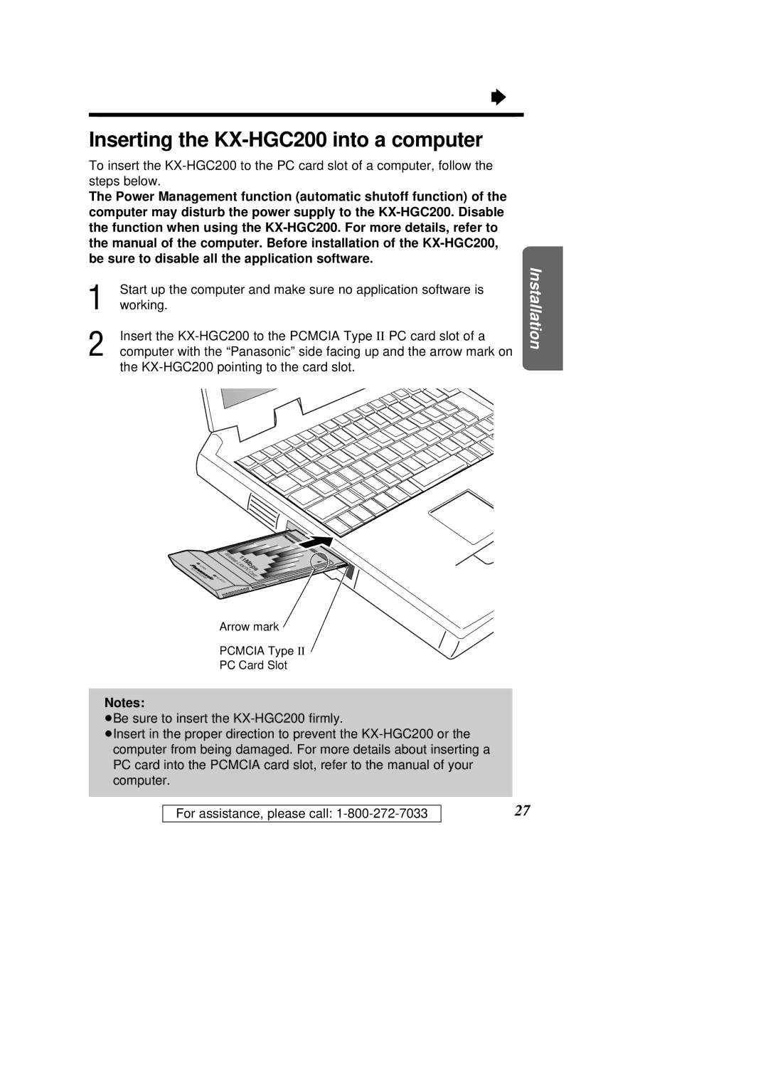 Panasonic operating instructions Inserting the KX-HGC200 into a computer 