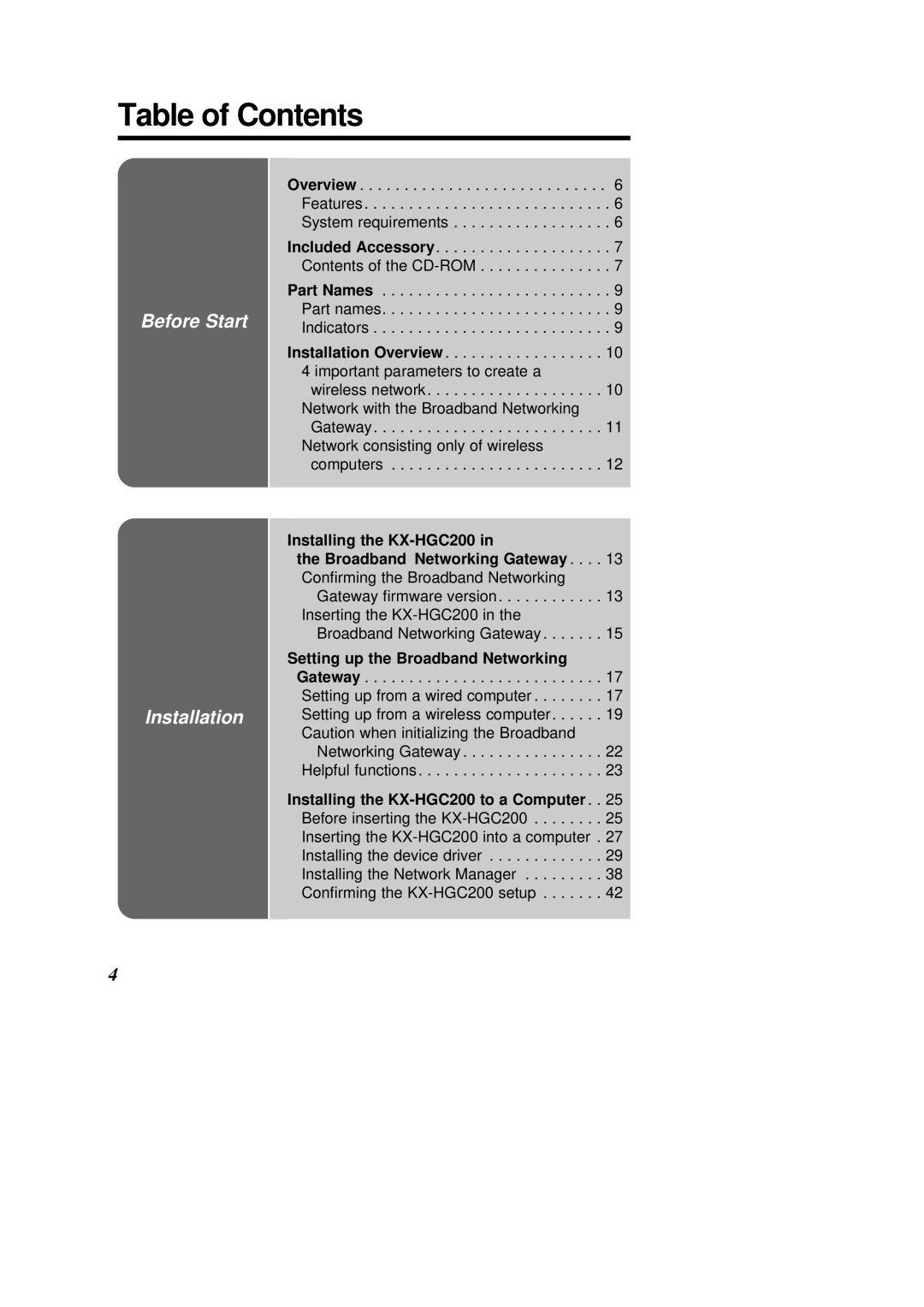 Panasonic KX-HGC200 operating instructions Table of Contents 