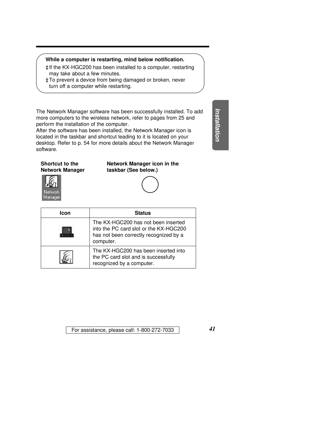 Panasonic KX-HGC200 operating instructions Shortcut to, Network Manager Taskbar See below, Icon Status 