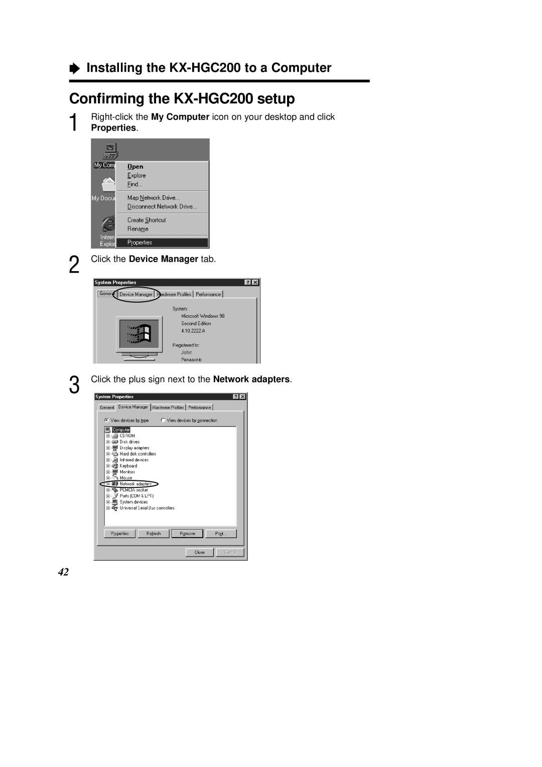 Panasonic operating instructions Conﬁrming the KX-HGC200 setup, Properties 