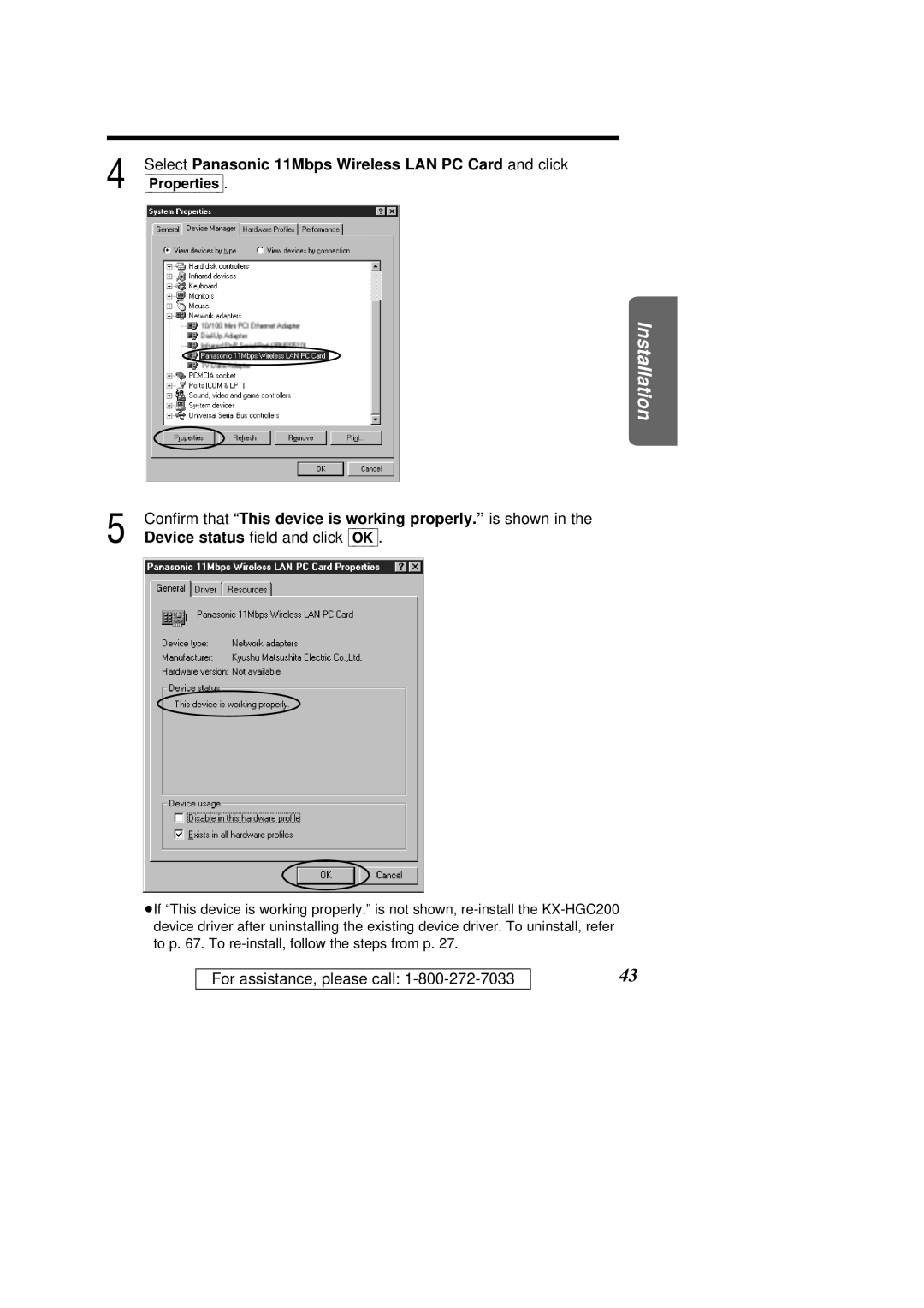 Panasonic KX-HGC200 operating instructions Select Panasonic 11Mbps Wireless LAN PC Card and click 