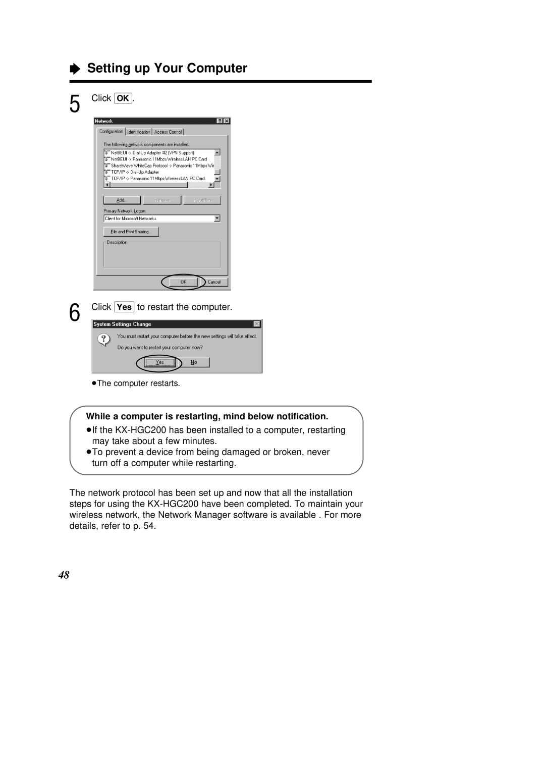 Panasonic KX-HGC200 operating instructions Click OK Click Yes to restart the computer 