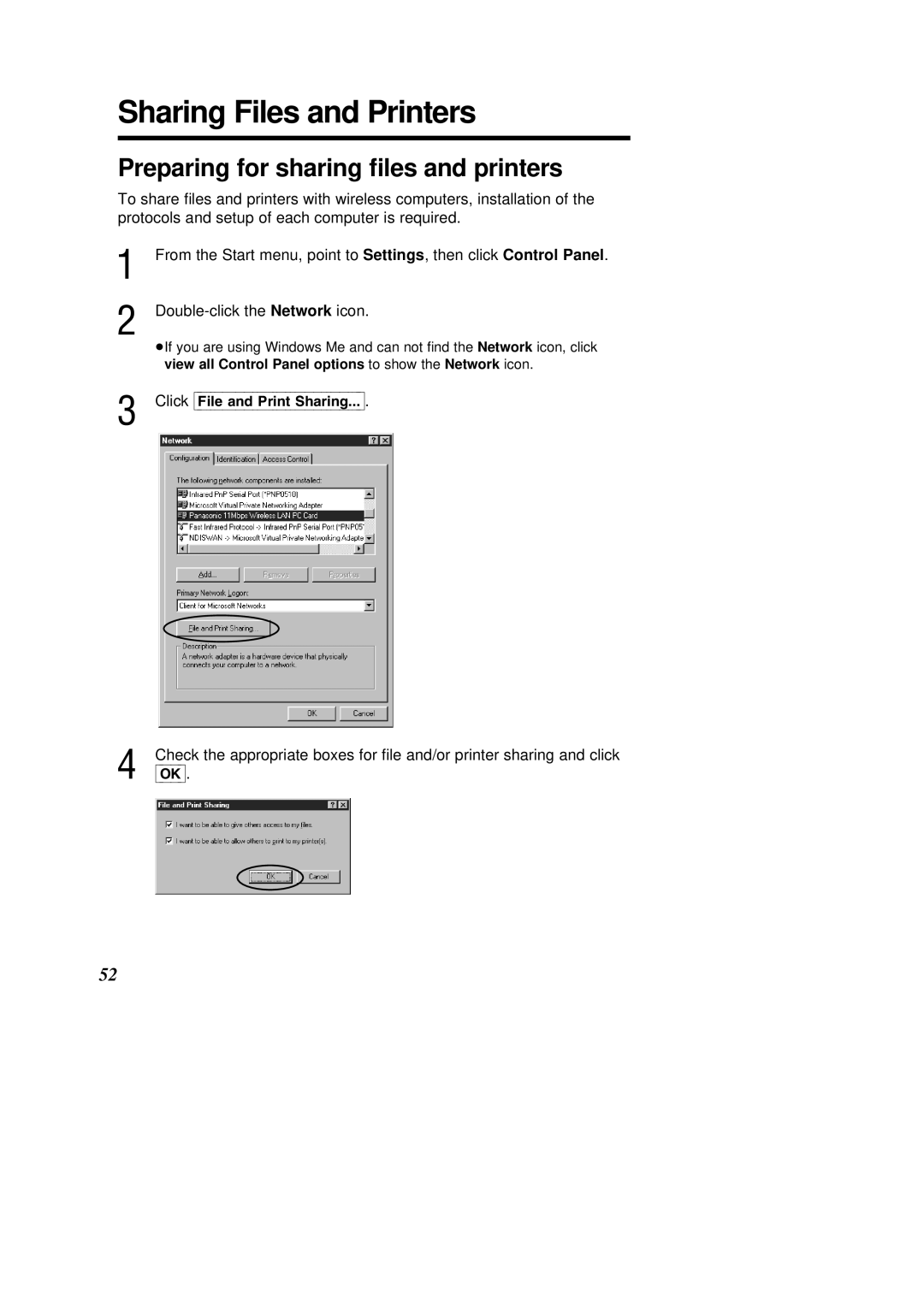 Panasonic KX-HGC200 operating instructions Sharing Files and Printers, Preparing for sharing ﬁles and printers 