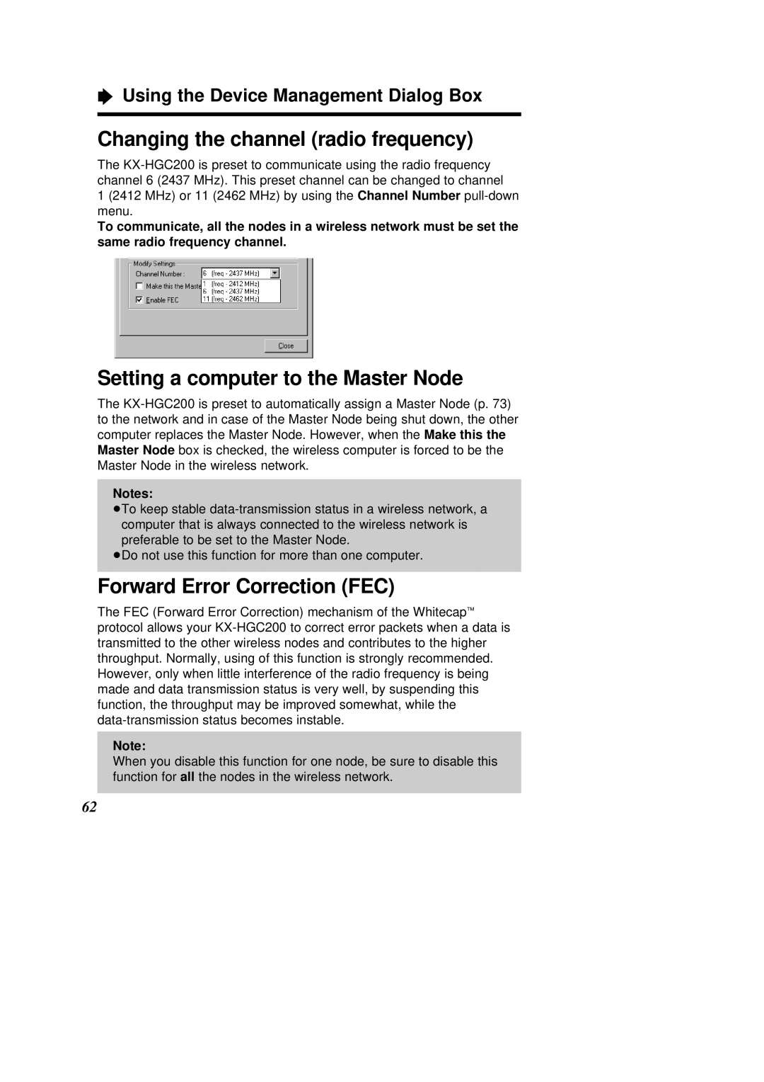 Panasonic KX-HGC200 operating instructions Changing the channel radio frequency, Setting a computer to the Master Node 