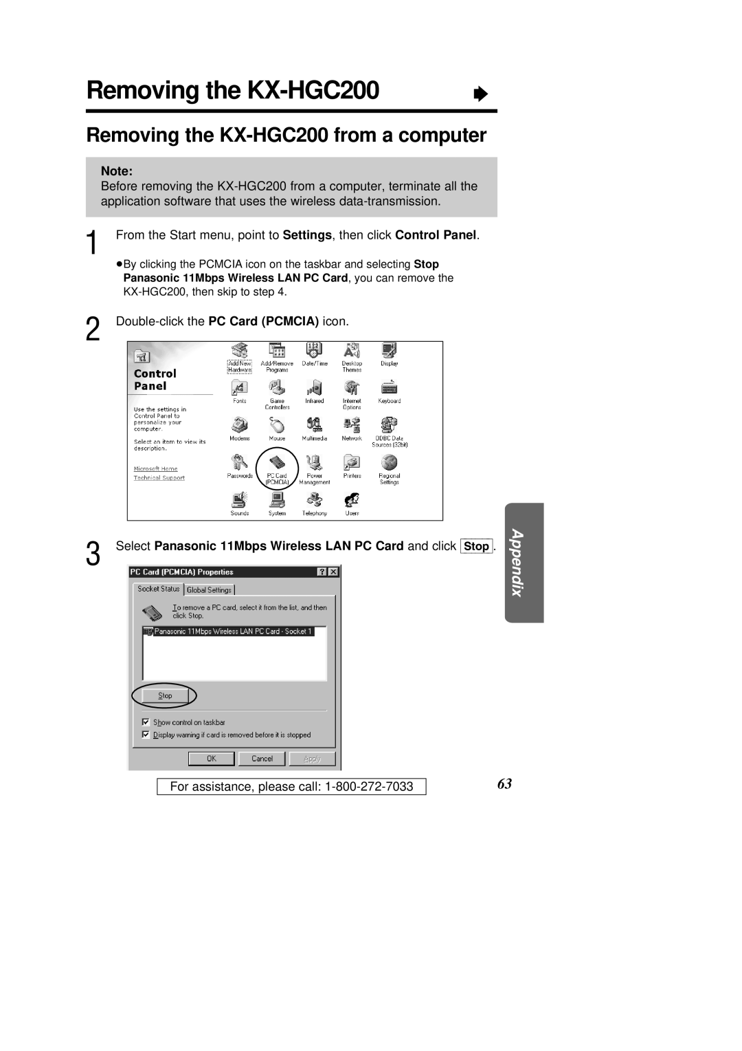 Panasonic Removing the KX-HGC200 from a computer, Select Panasonic 11Mbps Wireless LAN PC Card and click Stop 