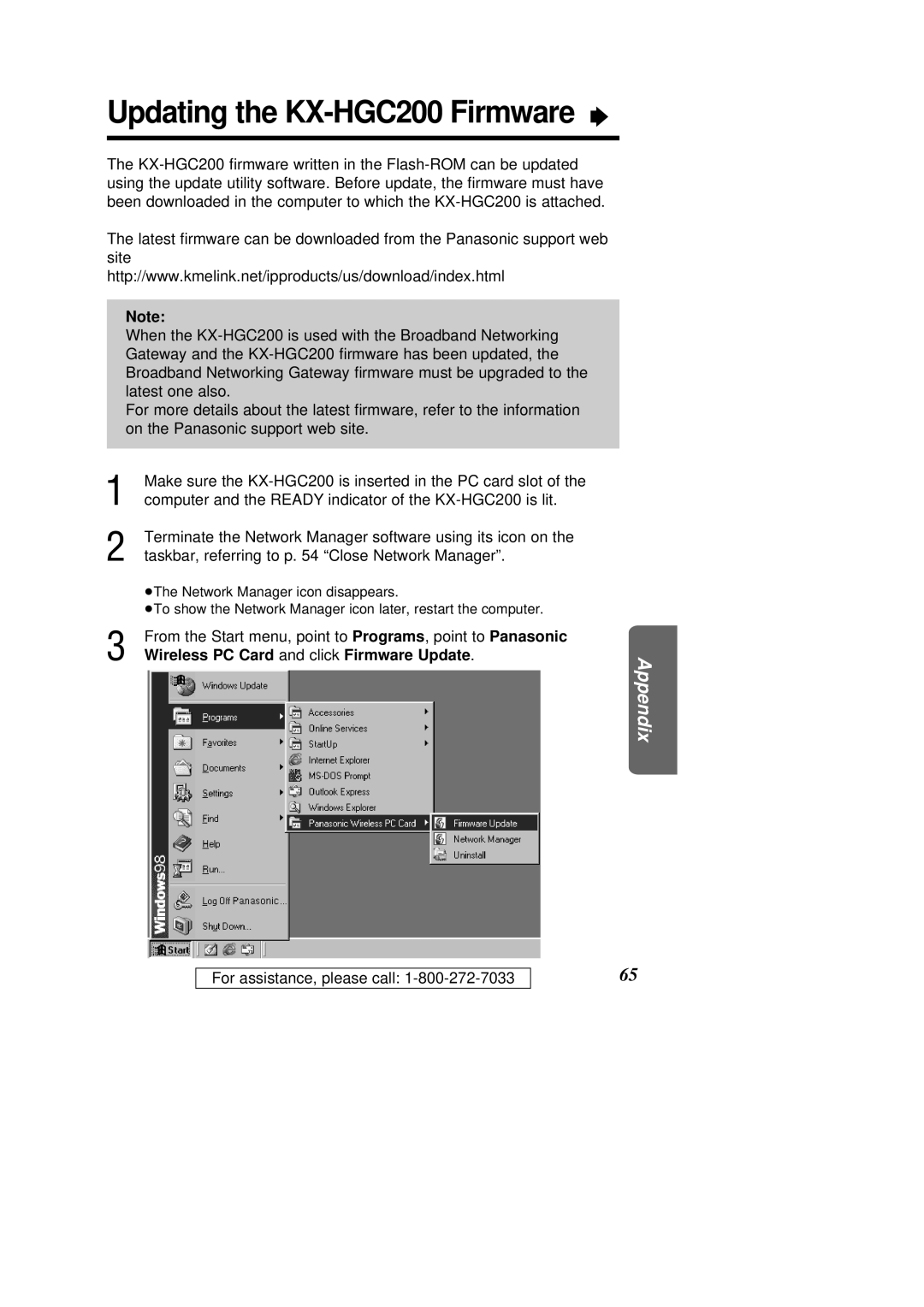 Panasonic operating instructions Updating the KX-HGC200 Firmware Ò, Wireless PC Card and click Firmware Update 