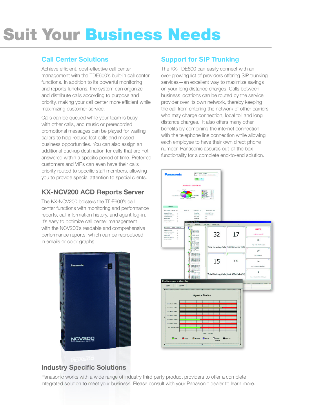 Panasonic KX-NT300 Suit Your Business Needs, Call Center Solutions, KX-NCV200 ACD Reports Server, Support for SIP Trunking 