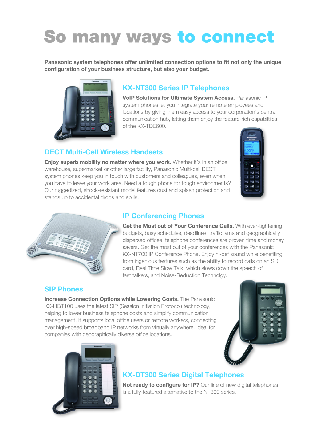 Panasonic KX-HGT100B KX-NT300 Series IP Telephones, DECT Multi-Cell Wireless Handsets, IP Conferencing Phones, SIP Phones 