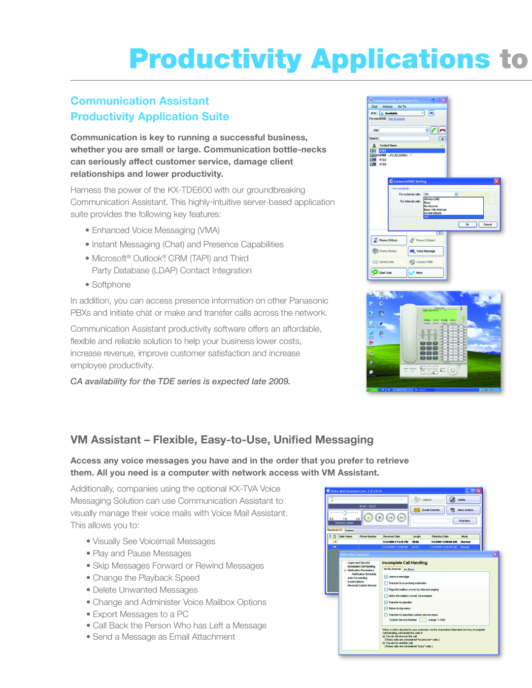 Panasonic KX-DT300, KX-HGT100B manual Productivity Applications to, Communication Assistant Productivity Application Suite 