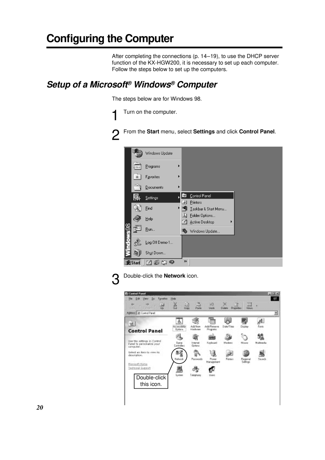 Panasonic KX-HGW200 manual Conﬁguring the Computer, Setup of a Microsoft Windows Computer 