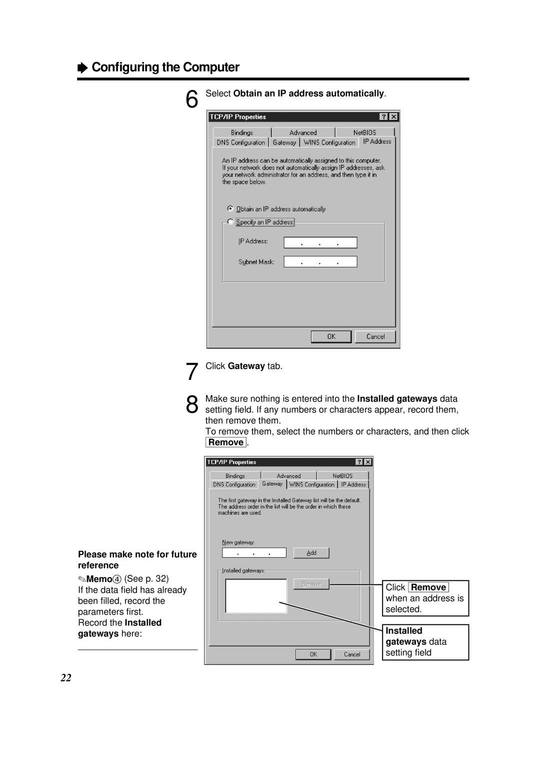 Panasonic KX-HGW200 manual Conﬁguring the Computer, Installed gateways data setting ﬁeld 