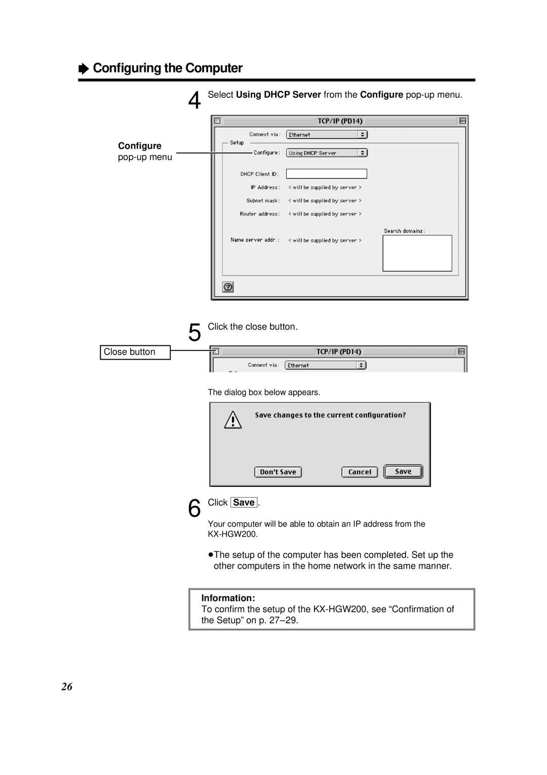 Panasonic KX-HGW200 manual Conﬁgure pop-up menu, Information 