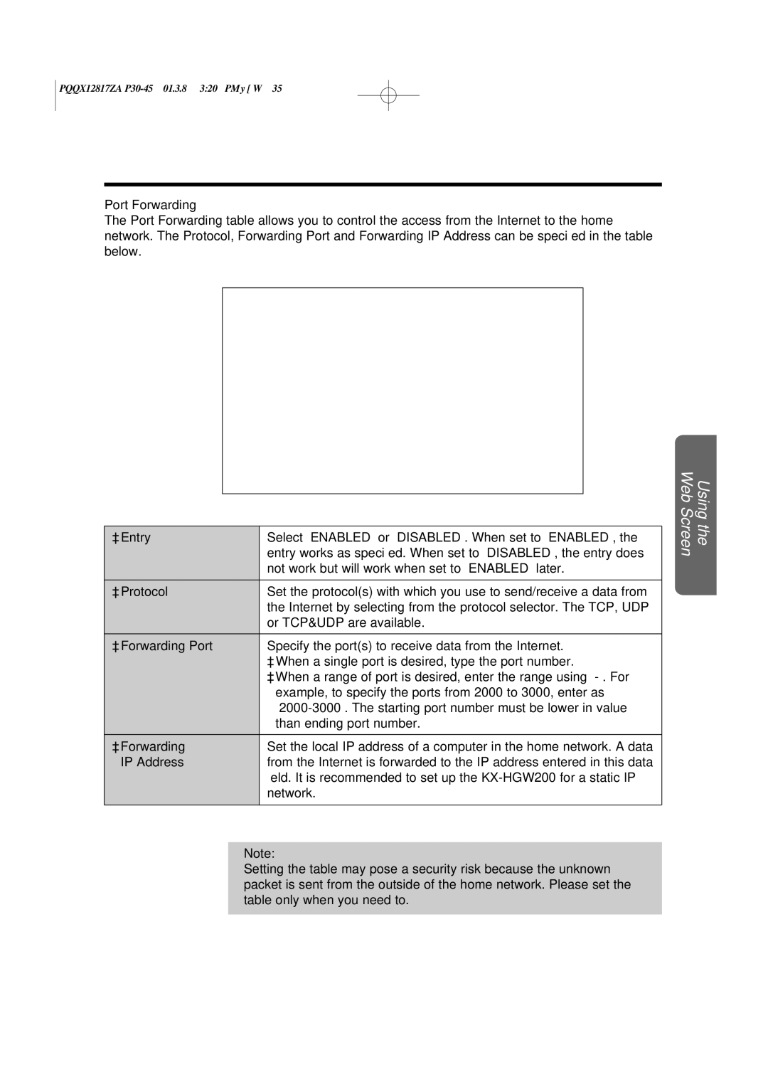 Panasonic KX-HGW200 manual Port Forwarding, ³Entry, ³Protocol, ³Forwarding Port, IP Address 