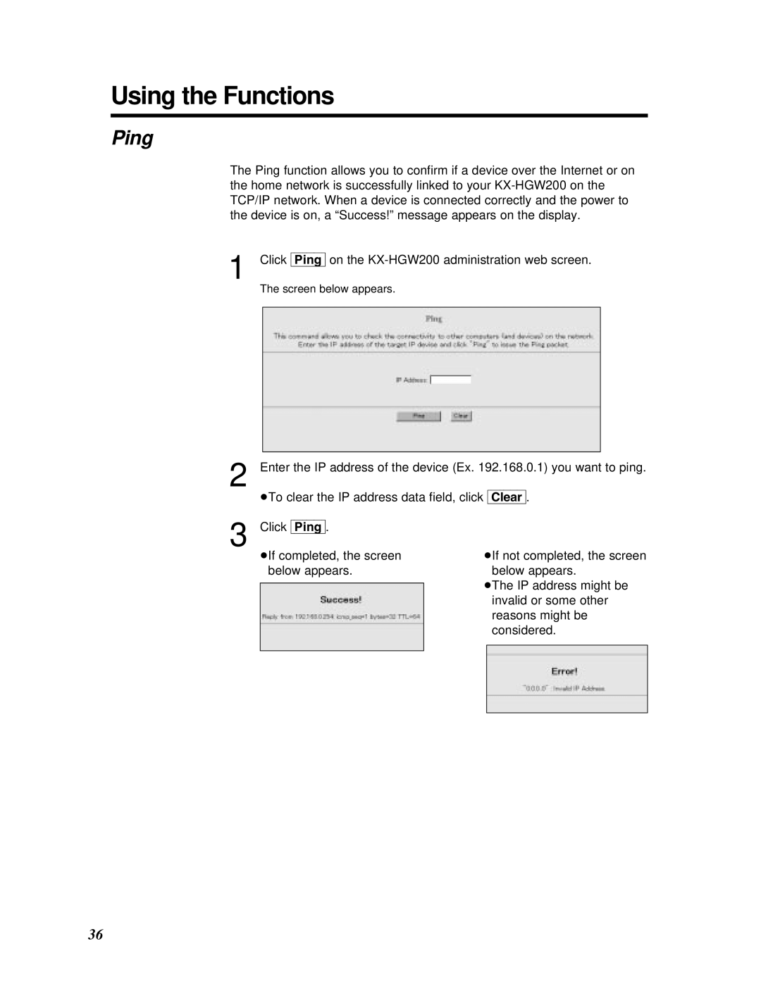 Panasonic KX-HGW200 manual Using the Functions, Ping 