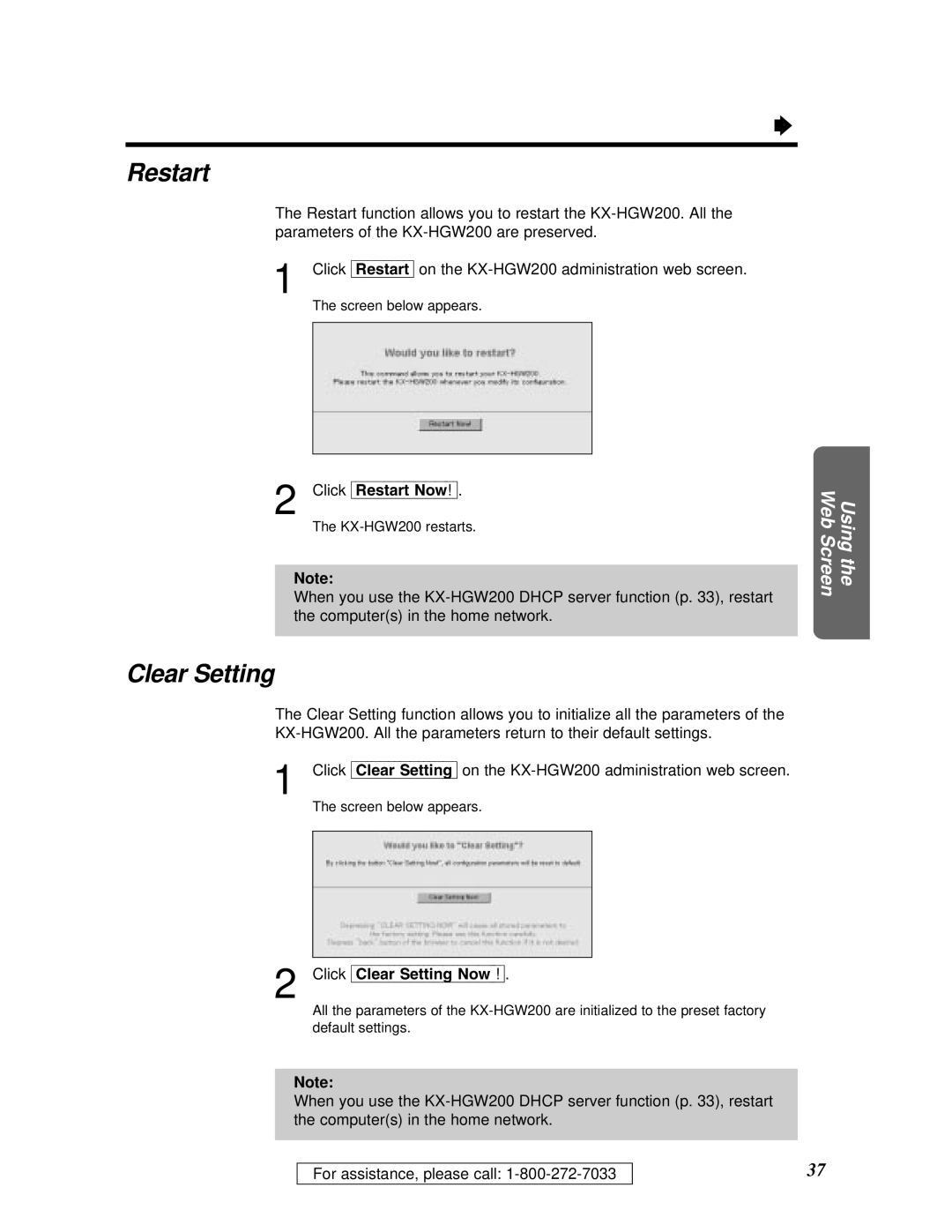 Panasonic KX-HGW200 manual Restart, Clear Setting 