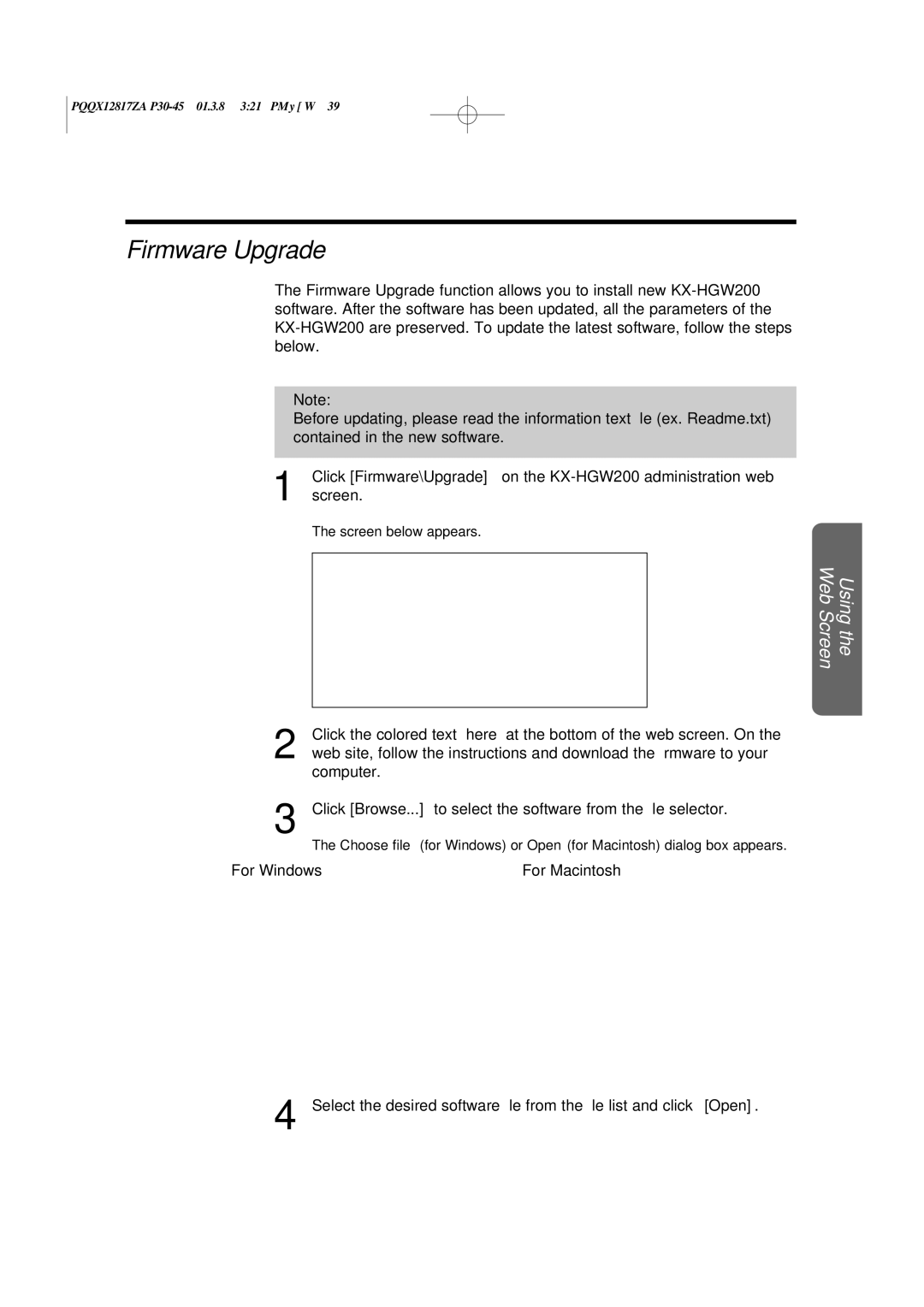 Panasonic KX-HGW200 manual Firmware Upgrade, For Windows For Macintosh 