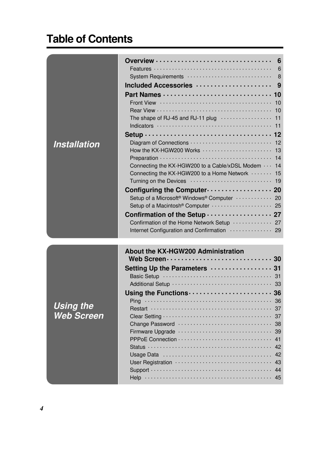 Panasonic KX-HGW200 manual Table of Contents 