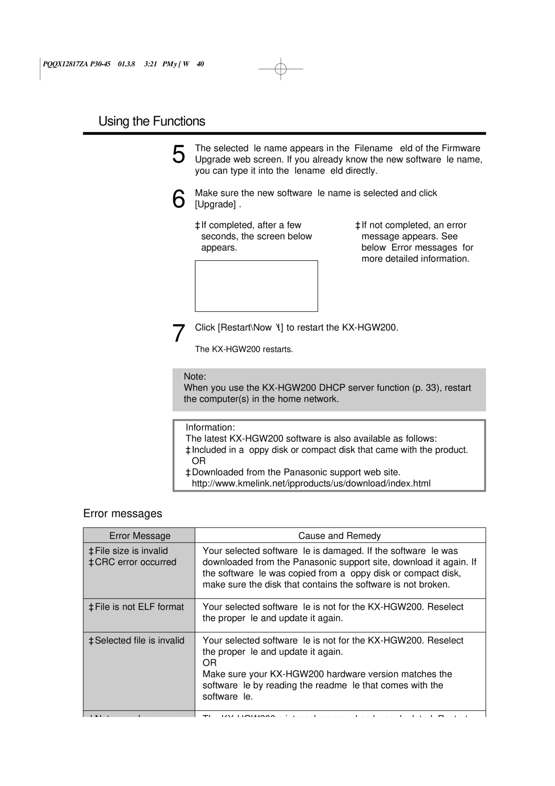 Panasonic KX-HGW200 manual Error messages 