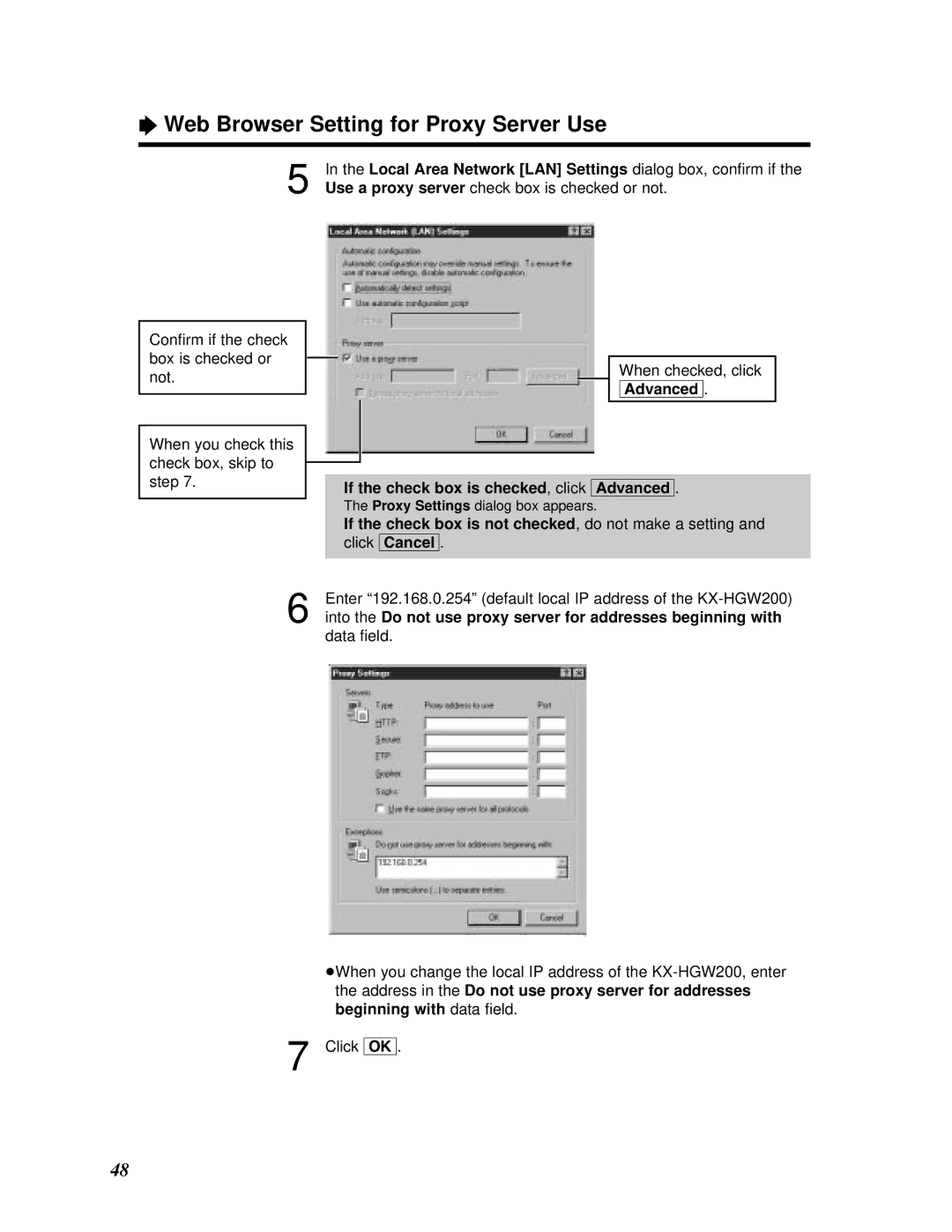 Panasonic KX-HGW200 manual Web Browser Setting for Proxy Server Use, If the check box is checked, click Advanced 