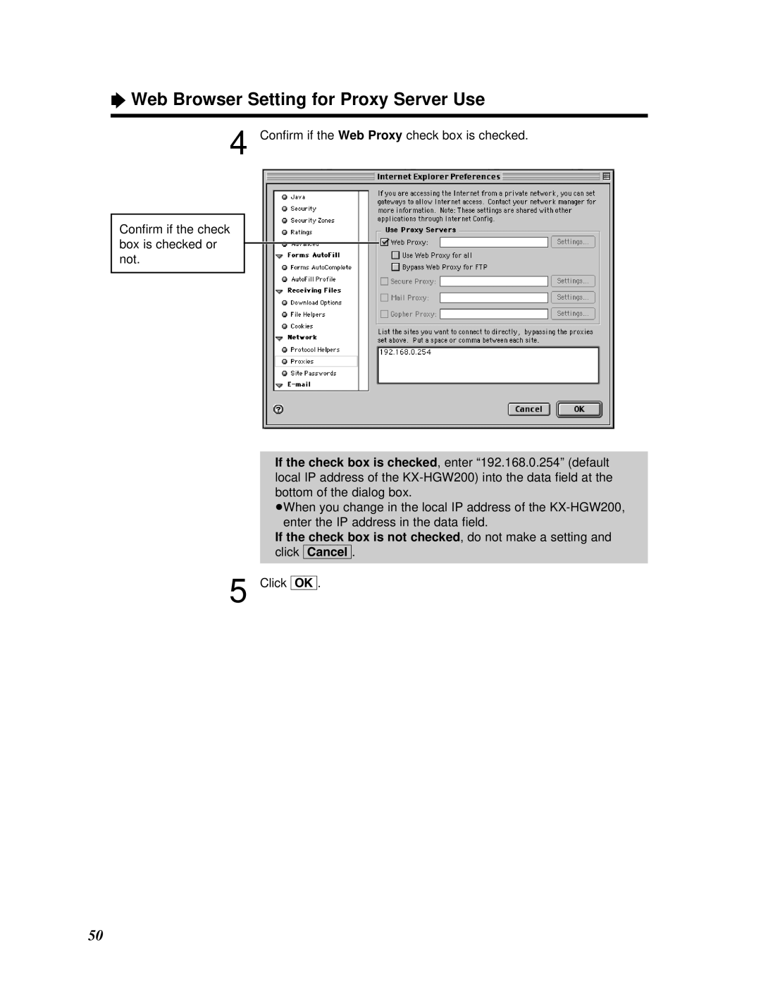 Panasonic KX-HGW200 manual Web Browser Setting for Proxy Server Use 