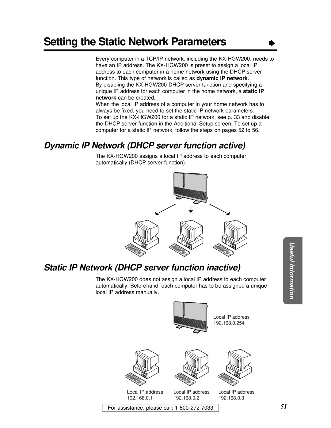 Panasonic KX-HGW200 manual Setting the Static Network Parameters, Dynamic IP Network Dhcp server function active 