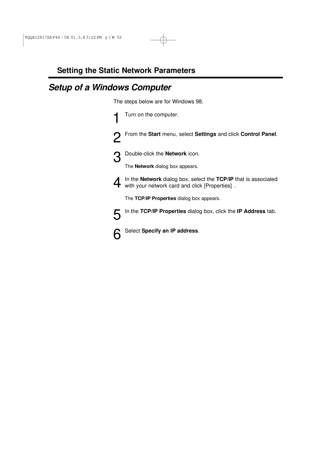 Panasonic KX-HGW200 manual Setup of a Windows Computer, Select Specify an IP address 