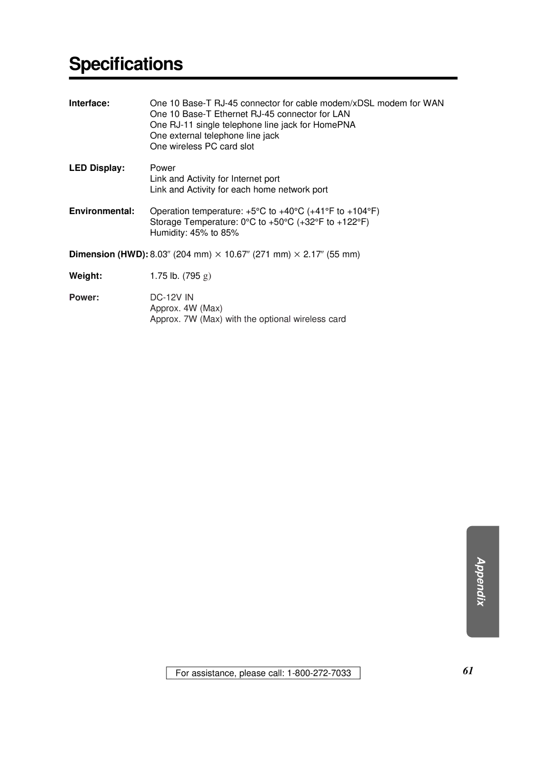 Panasonic KX-HGW200 manual Speciﬁcations, LED Display, Environmental, Weight, Power 