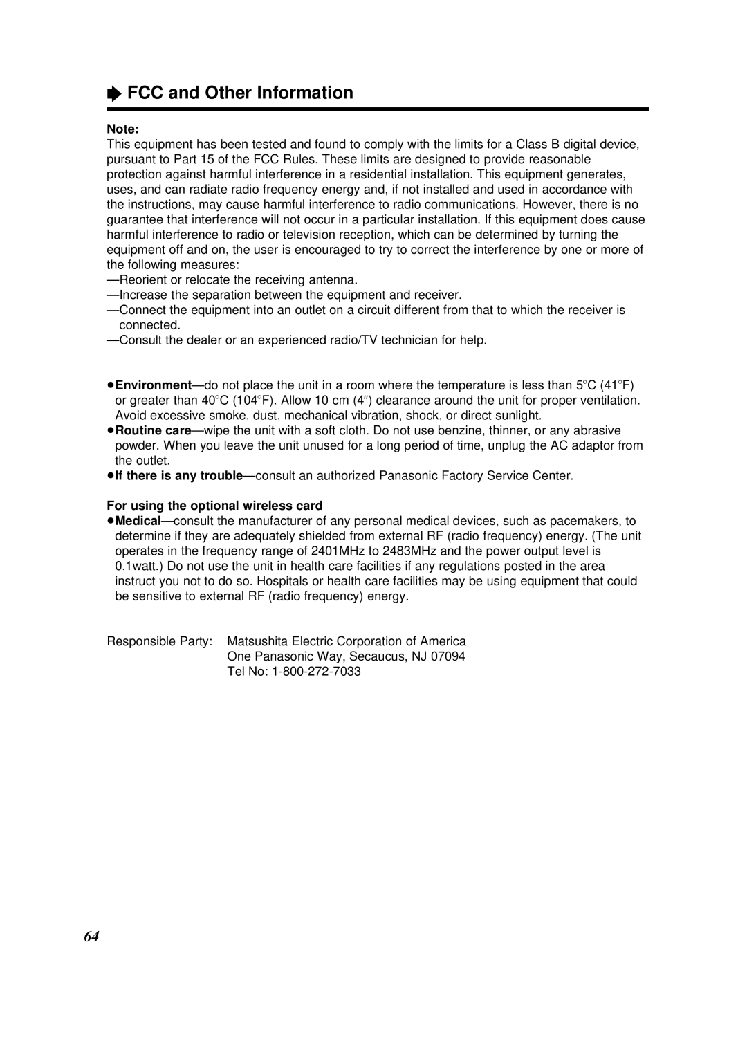 Panasonic KX-HGW200 manual FCC and Other Information, For using the optional wireless card 