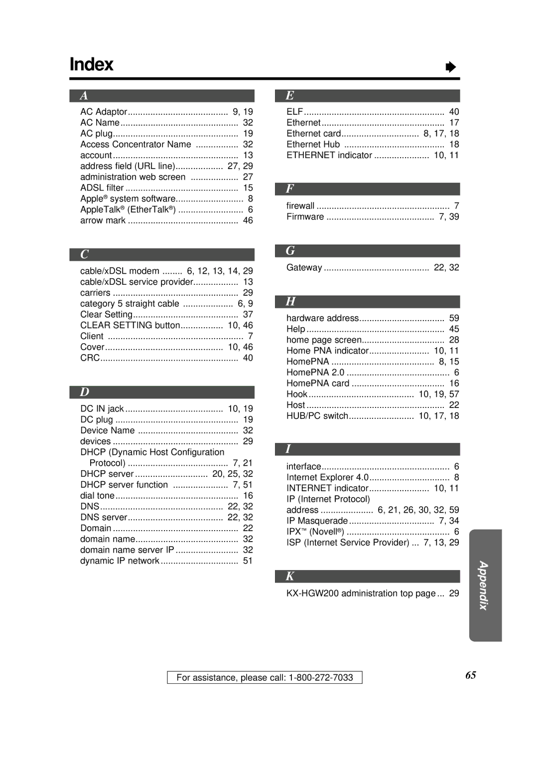 Panasonic KX-HGW200 manual Index, Address ﬁeld URL line 