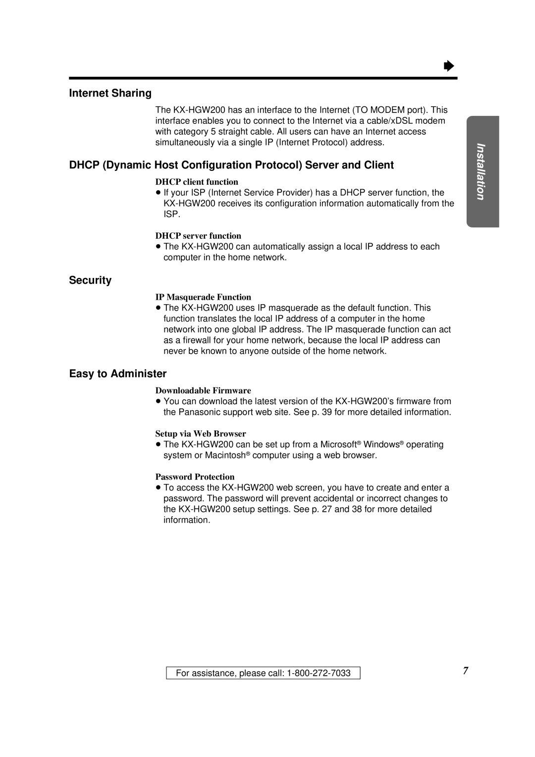 Panasonic KX-HGW200 manual Internet Sharing, Dhcp Dynamic Host Conﬁguration Protocol Server and Client, Security 