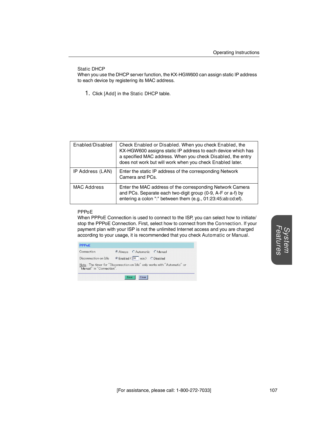 Panasonic KX-HGW600 manual Static Dhcp, Enabled/Disabled, MAC Address, PPPoE 