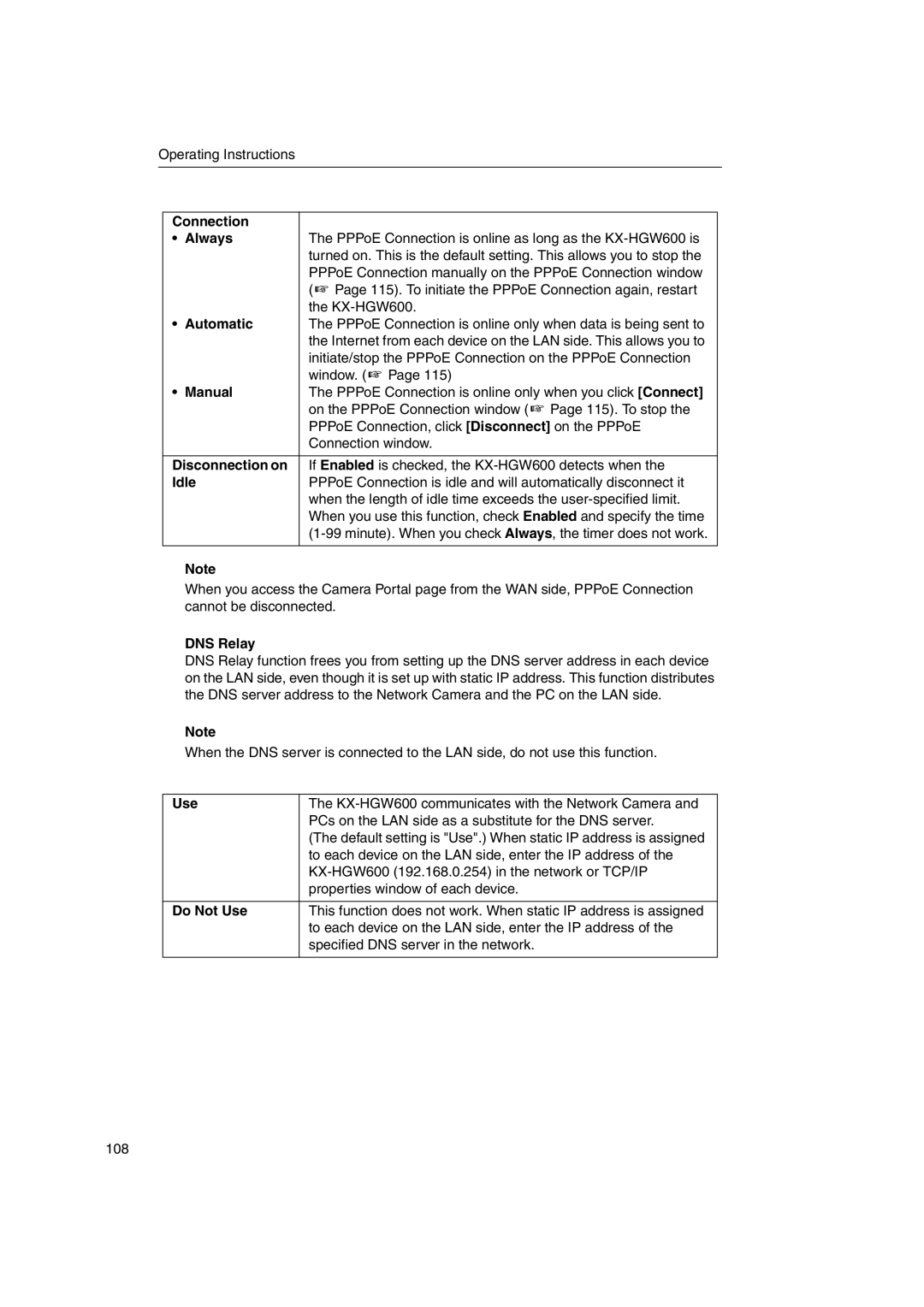 Panasonic KX-HGW600 manual Connection Always, Automatic, Manual, Disconnection on, Idle, DNS Relay, Do Not Use 