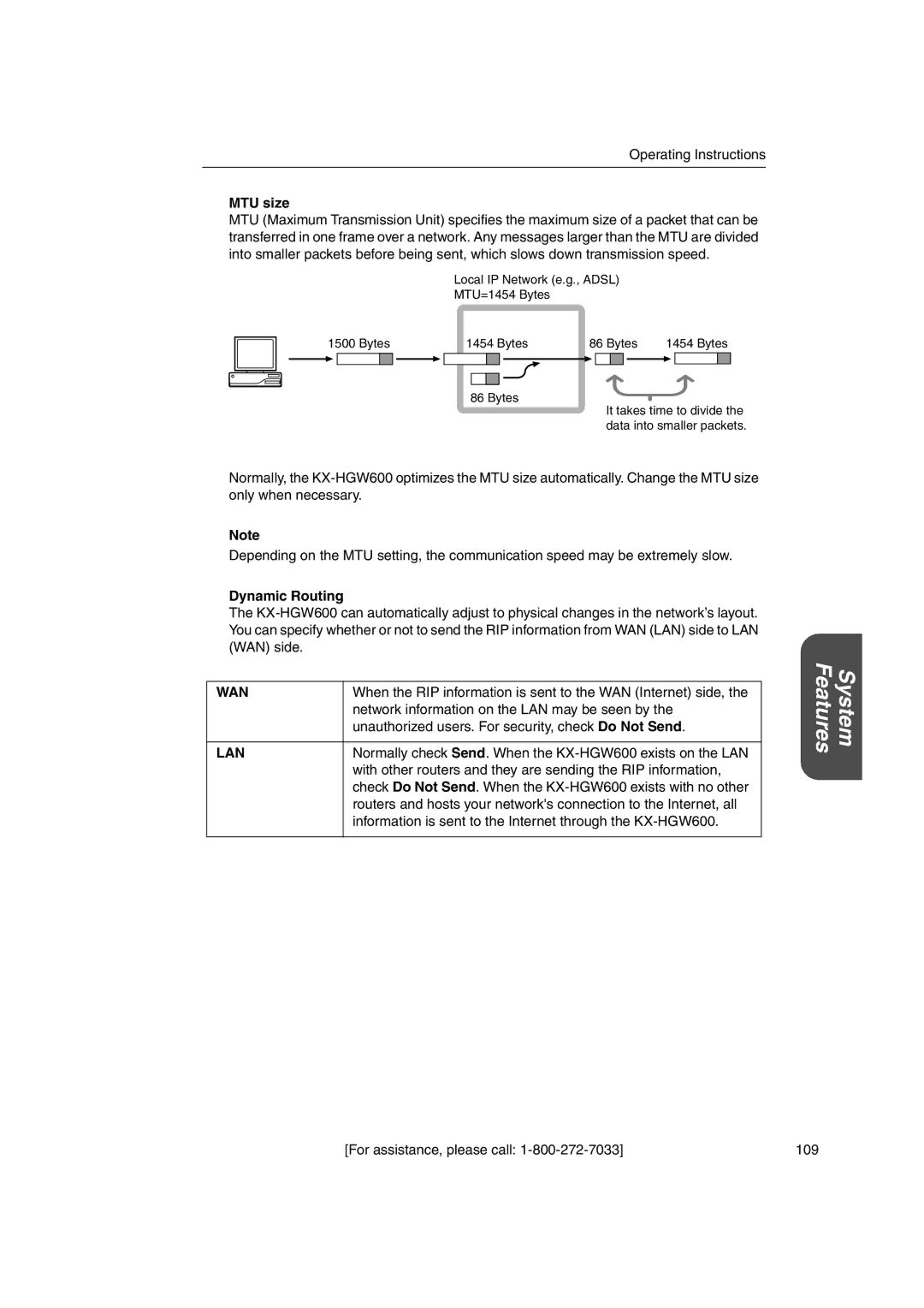 Panasonic KX-HGW600 manual MTU size, Dynamic Routing 