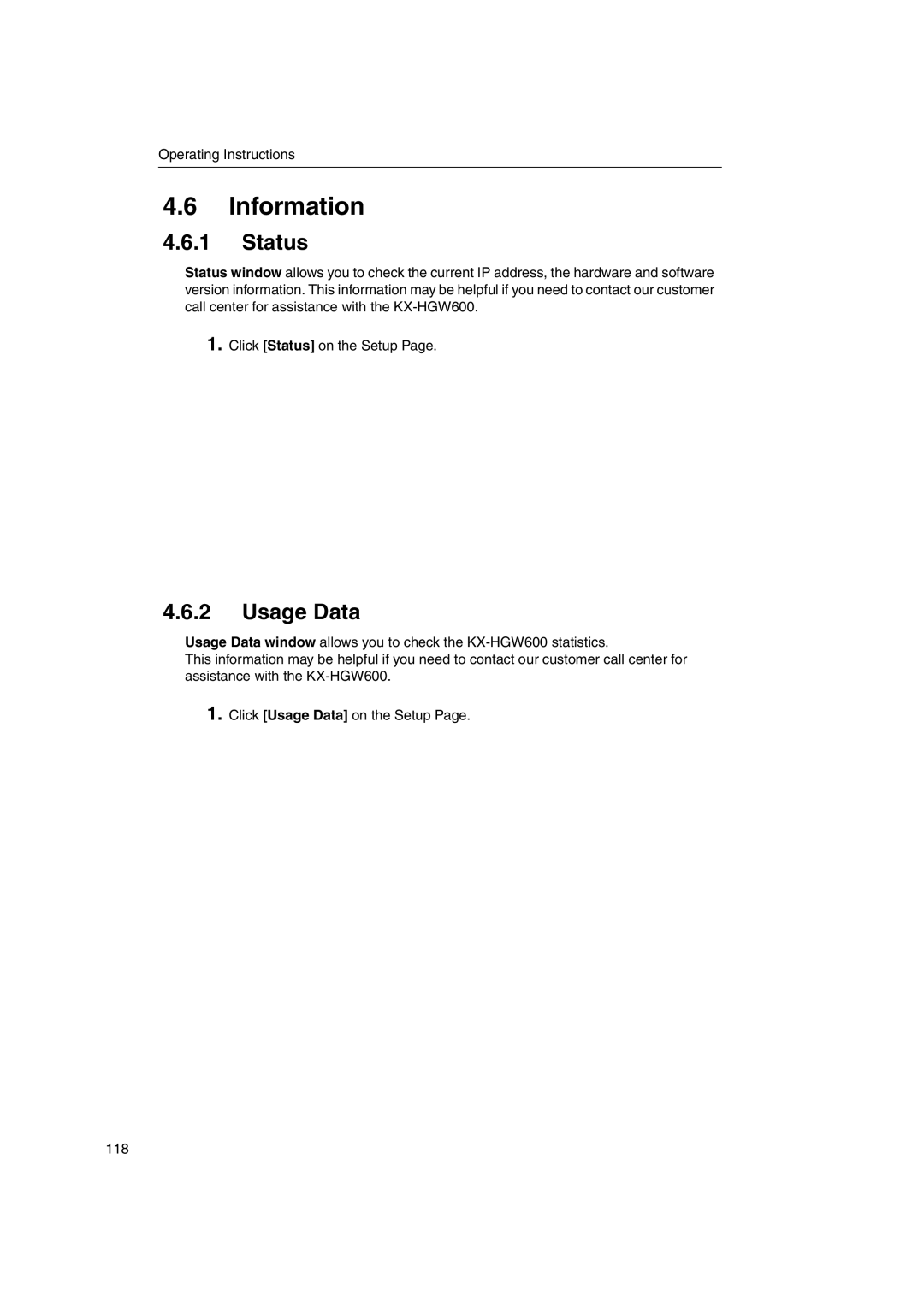 Panasonic KX-HGW600 manual Information, Usage Data 