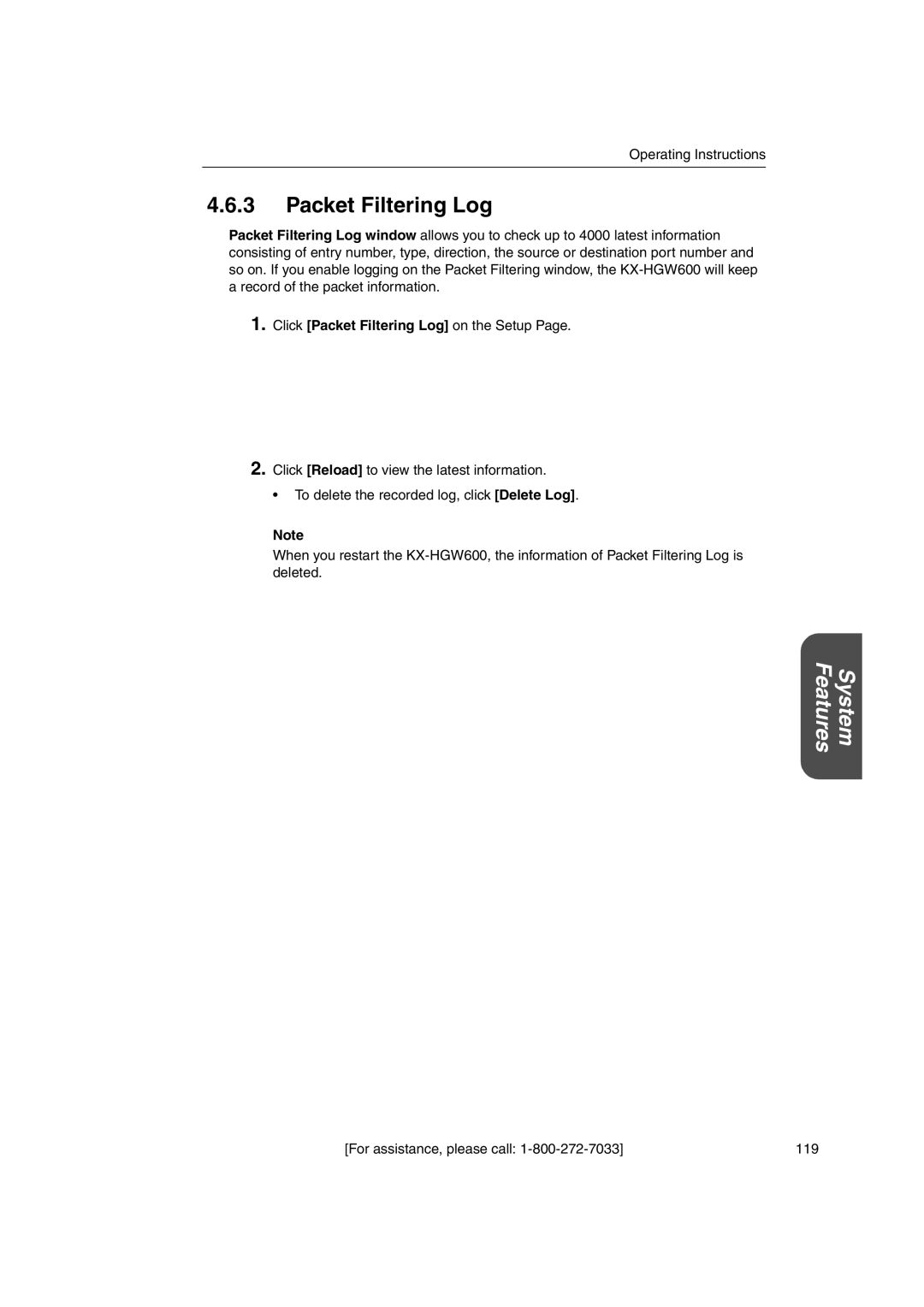 Panasonic KX-HGW600 manual Packet Filtering Log 