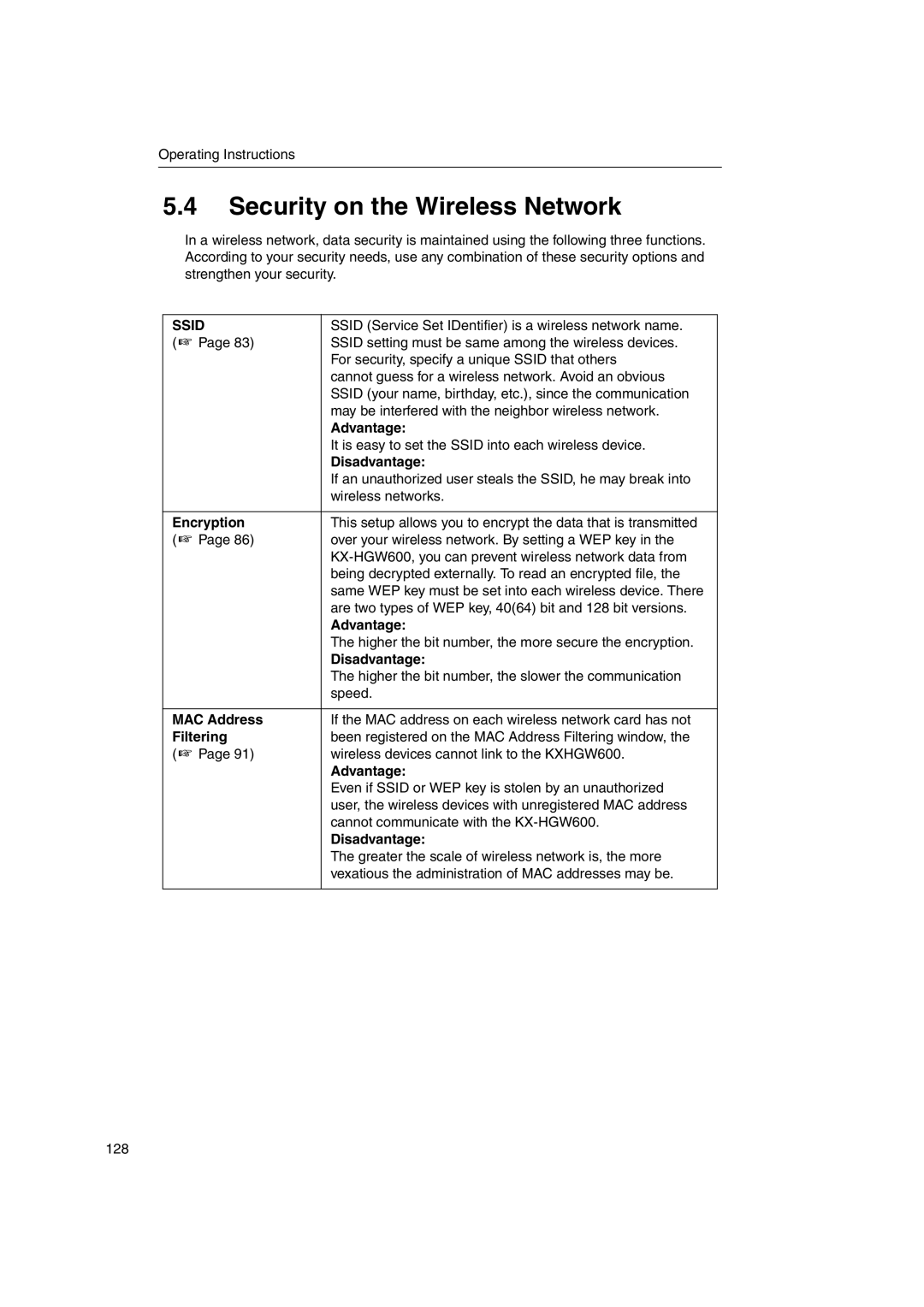 Panasonic KX-HGW600 manual Security on the Wireless Network, Advantage, Disadvantage, Filtering 